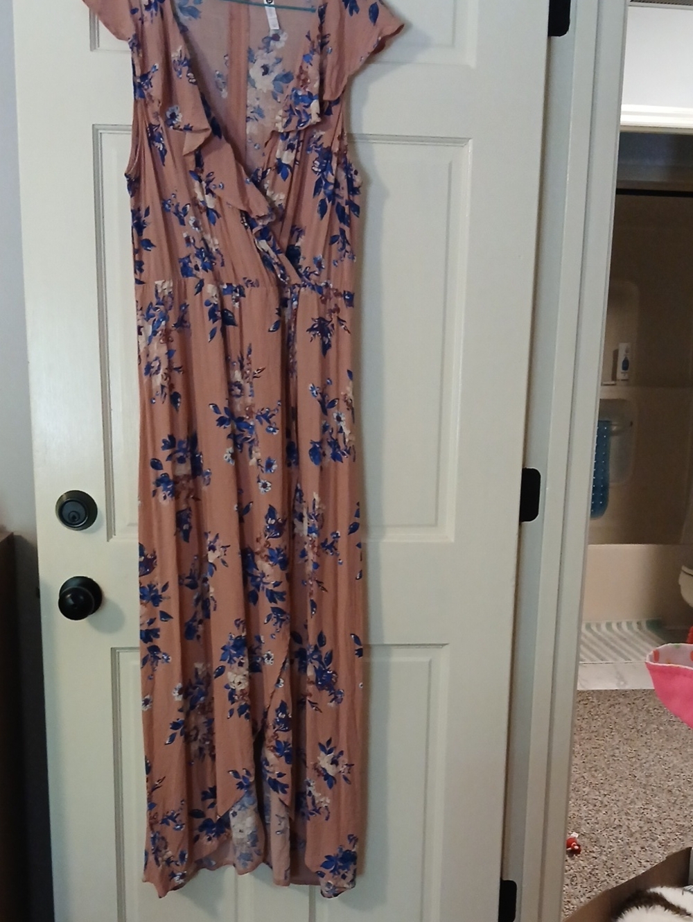 Xhilaration Floral Wrap Maxi Dress in Blush with Blue Print